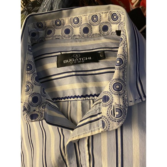 Bugatchi Uomo Flip Cuff Shirt Sz L Mens Blue  White Stripe Circles L/S - Picture 6 of 6